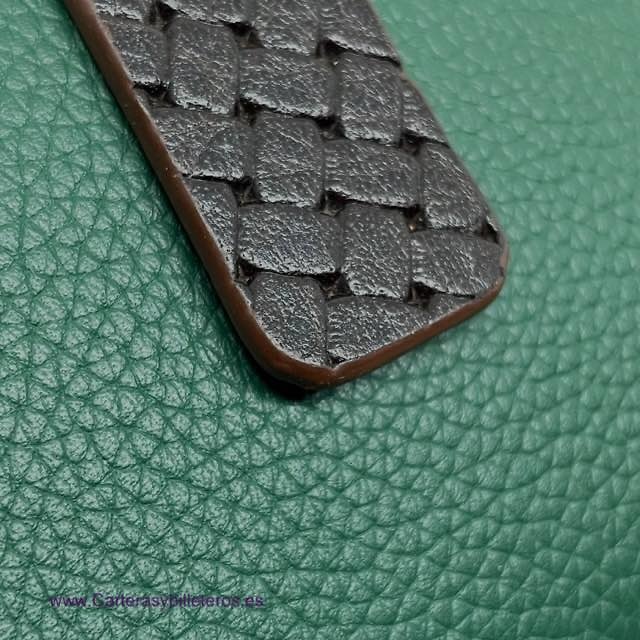 LARGE WOMEN'S GREEN UBRIQUE LEATHER WALLET WITH BROWN BRAIDED CLOSURE AND FLAP 