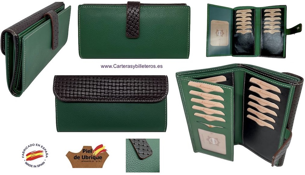 LARGE WOMEN'S GREEN UBRIQUE LEATHER WALLET WITH BROWN BRAIDED CLOSURE AND FLAP 