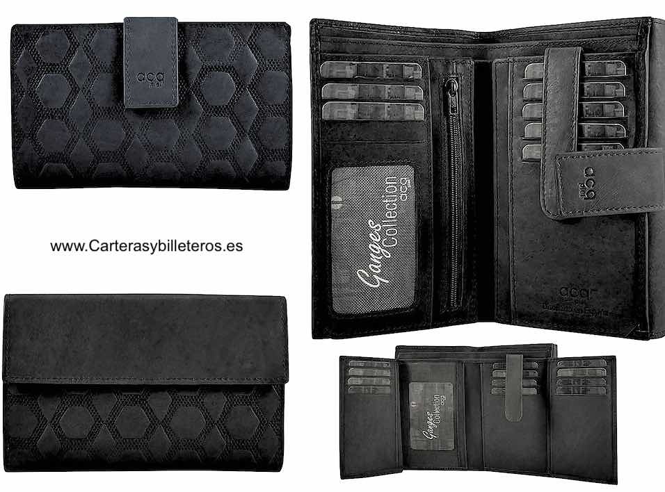 LARGE WOMEN'S LEATHER WALLET ENGRAVED WITH RHOMBOIDS AND HEXAGONS 