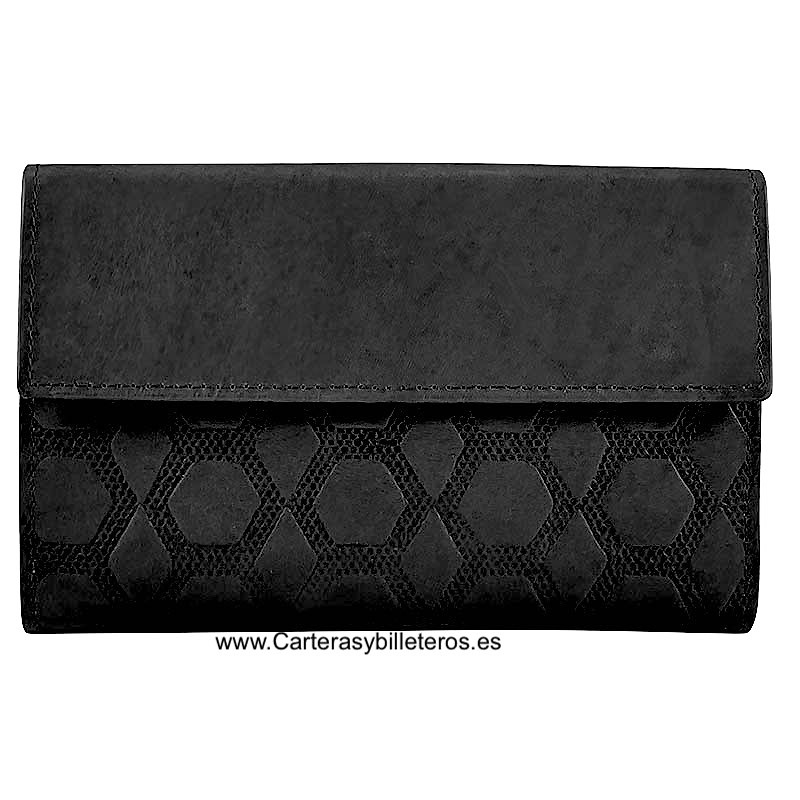 LARGE WOMEN'S LEATHER WALLET ENGRAVED WITH RHOMBOIDS AND HEXAGONS 