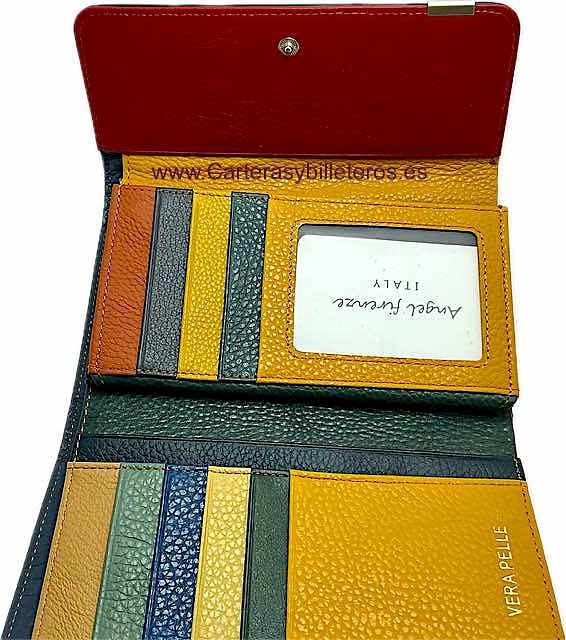 LARGE WOMEN'S LEATHER WALLET PATHWORK EXTERIOR WITH FLAP CLOSURE 