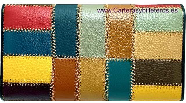 LARGE WOMEN'S LEATHER WALLET PATHWORK EXTERIOR WITH FLAP CLOSURE 