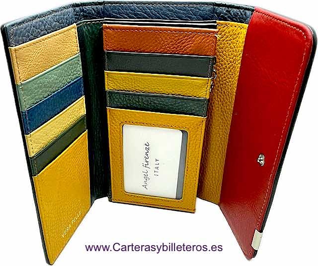 LARGE WOMEN'S LEATHER WALLET PATHWORK EXTERIOR WITH FLAP CLOSURE 