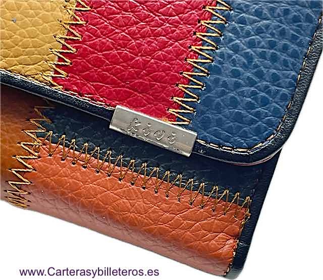 LARGE WOMEN'S LEATHER WALLET PATHWORK EXTERIOR WITH FLAP CLOSURE 