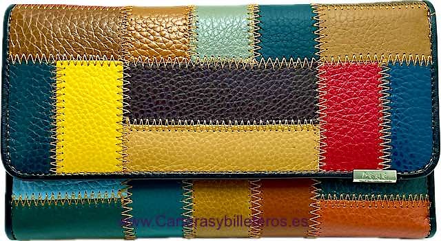 LARGE WOMEN'S LEATHER WALLET PATHWORK EXTERIOR WITH FLAP CLOSURE 