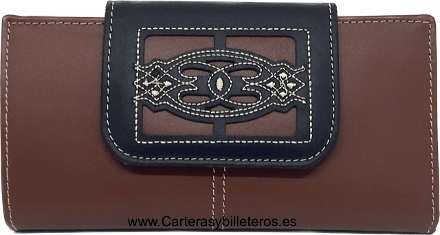 LARGE WOMEN'S LEATHER WALLET UBRIQUE WITH EMBROIDERY CLASP 