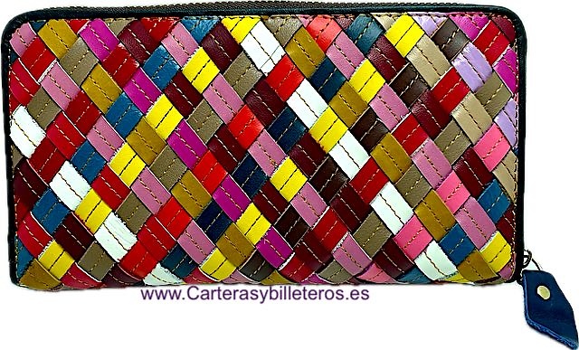 LARGE WOMEN'S LEATHER WALLET WITH INTERWOVEN STRAPS AND ZIPPERED COIN POUCH 