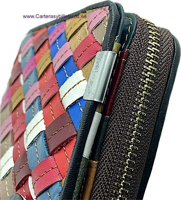 LARGE WOMEN'S LEATHER WALLET WITH INTERWOVEN STRAPS AND ZIPPERED COIN POUCH 