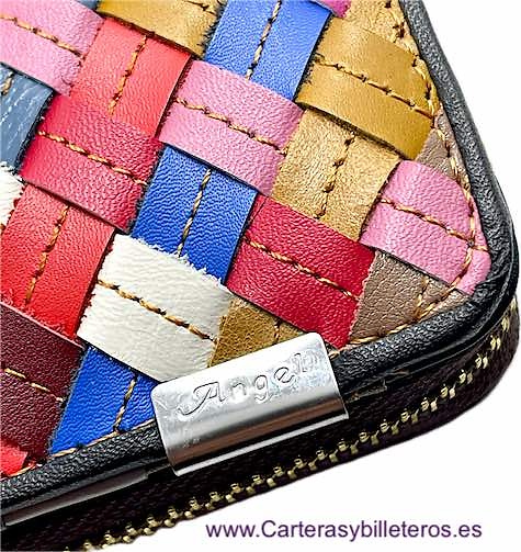 LARGE WOMEN'S LEATHER WALLET WITH INTERWOVEN STRAPS AND ZIPPERED COIN POUCH 