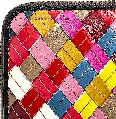 LARGE WOMEN'S LEATHER WALLET WITH INTERWOVEN STRAPS AND ZIPPERED COIN POUCH 