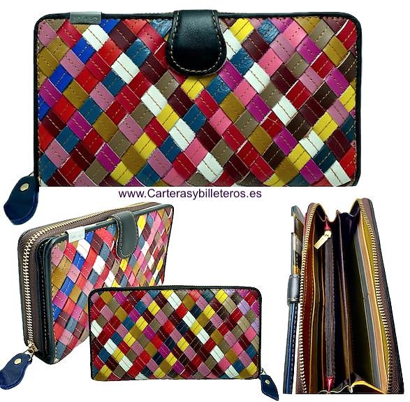 LARGE WOMEN'S LEATHER WALLET WITH INTERWOVEN STRAPS AND ZIPPERED COIN POUCH 