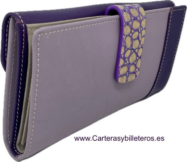 LARGE WOMEN'S PURPLE LEATHER WALLET LILAC WITH PURPLE TRIMMING 