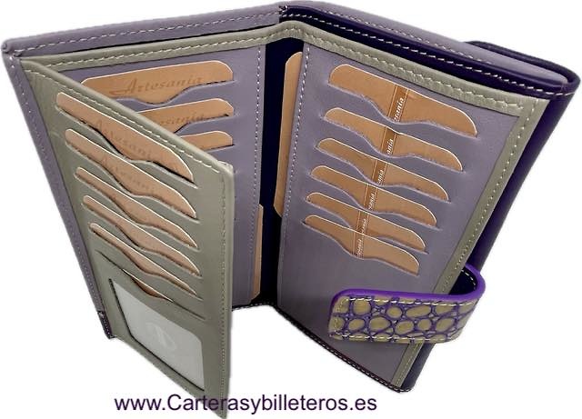 LARGE WOMEN'S PURPLE LEATHER WALLET LILAC WITH PURPLE TRIMMING 