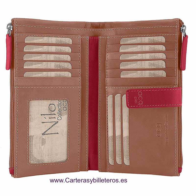 LARGE WOMEN'S WALLET CARD HOLDER IN QUALITY LEATHER WITH DOUBLE PURSE WITH ZIPPER CLOSURE 