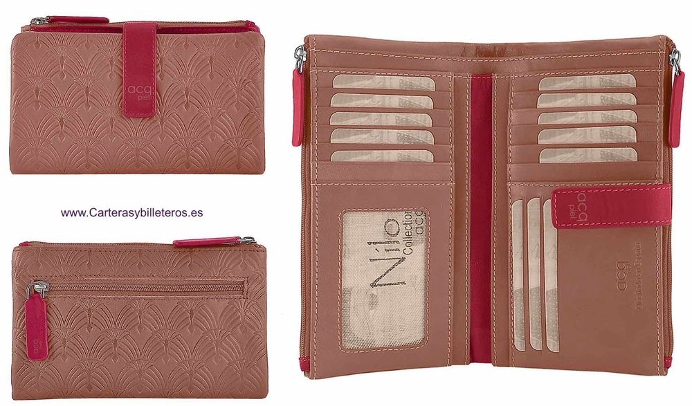 LARGE WOMEN'S WALLET CARD HOLDER IN QUALITY LEATHER WITH DOUBLE PURSE WITH ZIPPER CLOSURE 