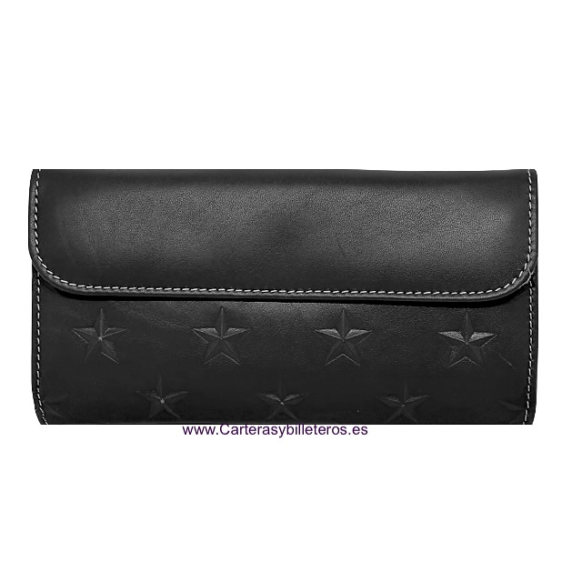 LARGE WOMEN'S WALLET IN BLACK UBRIQUE EXTRA SOFT LEATHER WITH EMBOSSED STARS 