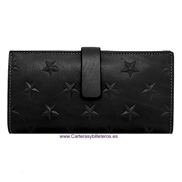 LARGE WOMEN'S WALLET IN BLACK UBRIQUE EXTRA SOFT LEATHER WITH EMBOSSED STARS 