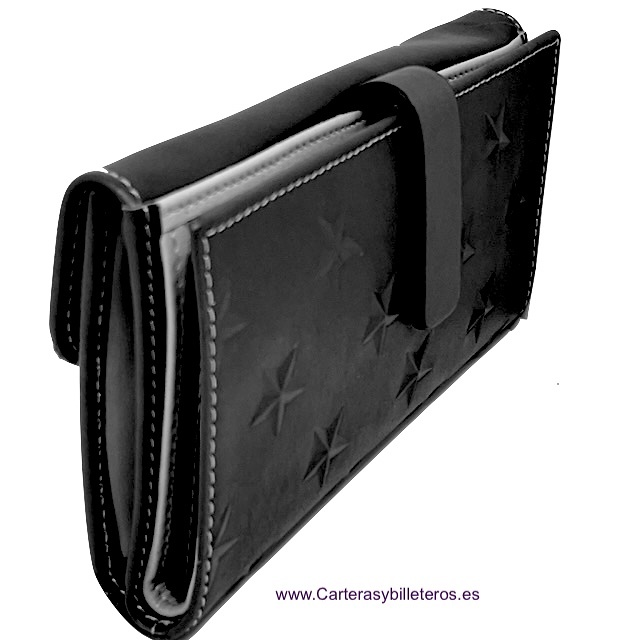 LARGE WOMEN'S WALLET IN BLACK UBRIQUE EXTRA SOFT LEATHER WITH EMBOSSED STARS 