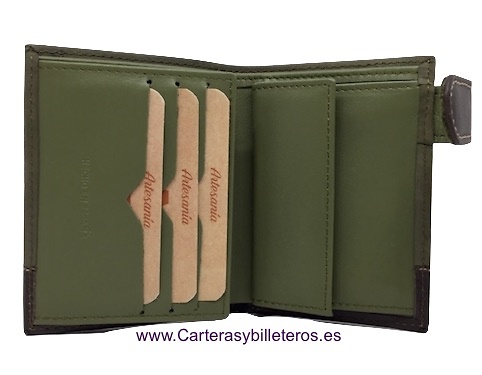 LEATHER AND NOBUCK WALLET WALLET WITH FLAG FOR 8 CARDS AND EXTERIOR CLOSURE HIGH QUALITY 