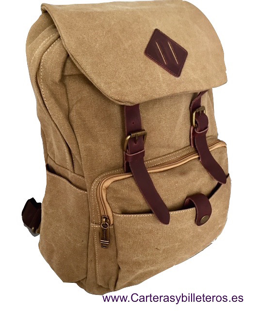 LEATHER BACKPACK AND CANVAS EXTRAFUERTE WITH WING AND DOUBLE CLOSURE 