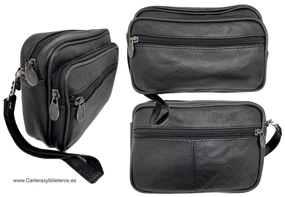 LEATHER BAG WITH HANDLE AND FOUR ZIPPER POCKETS -2 SIZES - 