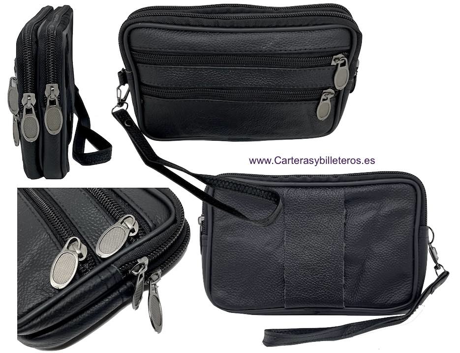 LEATHER BAG WITH HANDLE AND FOUR ZIPPER POCKETS 