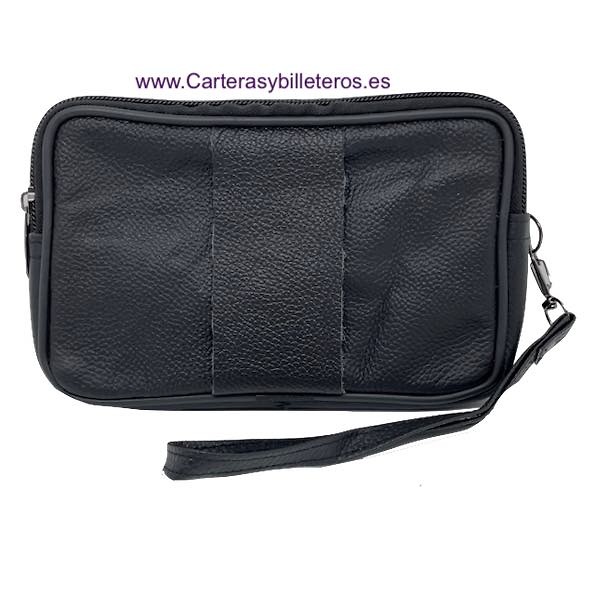 LEATHER BAG WITH HANDLE AND FOUR ZIPPER POCKETS 