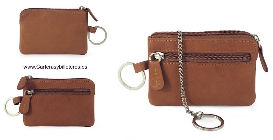 LEATHER PURSE WITH DOUBLE RING KEYCHAIN WITH CHAIN -5 COLORS- 