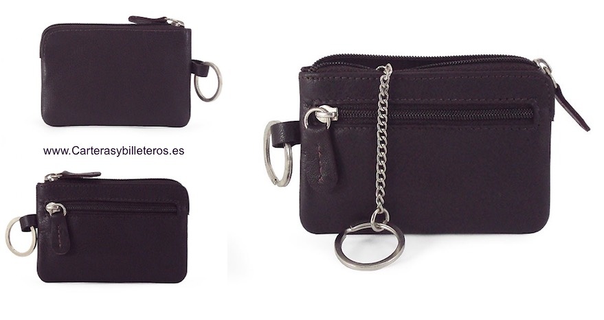 LEATHER PURSE WITH DOUBLE RING KEYCHAIN WITH CHAIN -5 COLORS- 