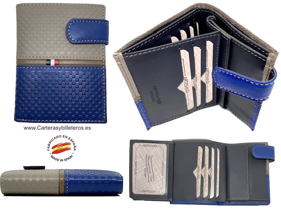 LEATHER WALLET PURSE WITH BLUE AND GRAY EXTERIOR CLOSURE WITH CHECKED WEFT 