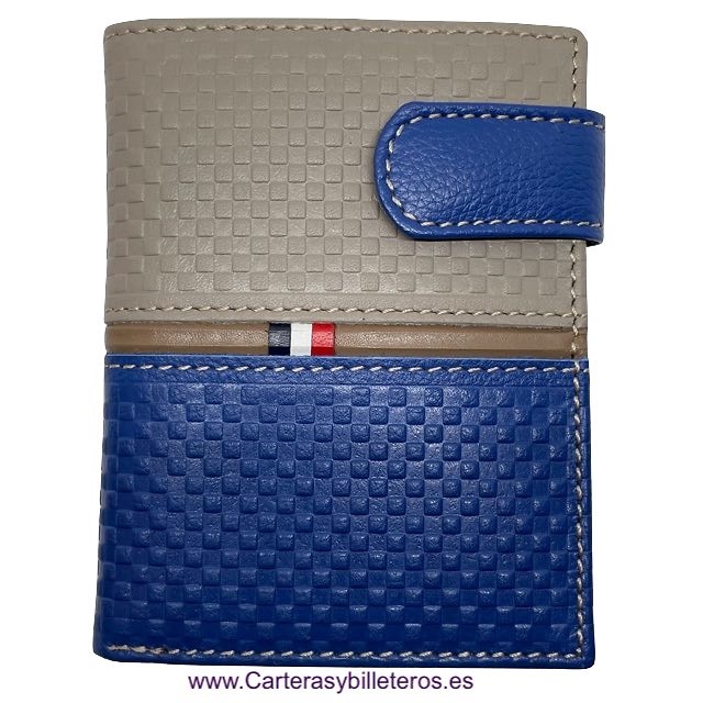 LEATHER WALLET PURSE WITH BLUE AND GRAY EXTERIOR CLOSURE WITH CHECKED WEFT 