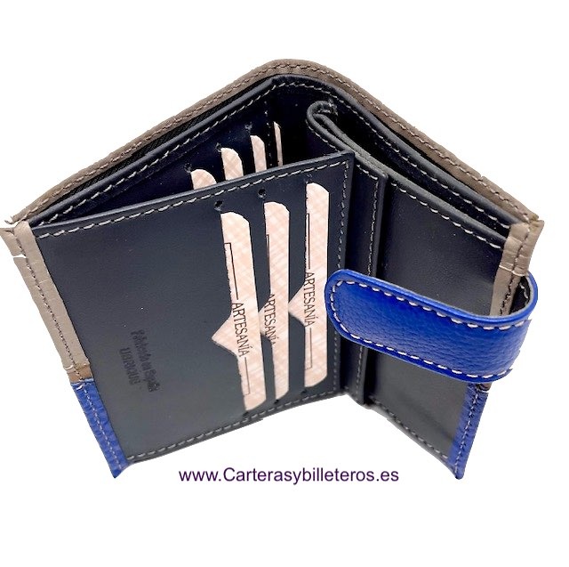 LEATHER WALLET PURSE WITH BLUE AND GRAY EXTERIOR CLOSURE WITH CHECKED WEFT 