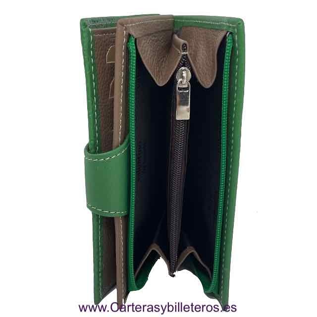 LEATHER WOMEN'S GREEN WALLET WITH ZIPPER PURSE 