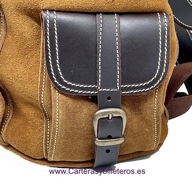 LIGHT BROWN SUEDE LEATHER BACKPACK WITH DARK BROWN LEATHER ON THE CLOSURES AND HANDLES 