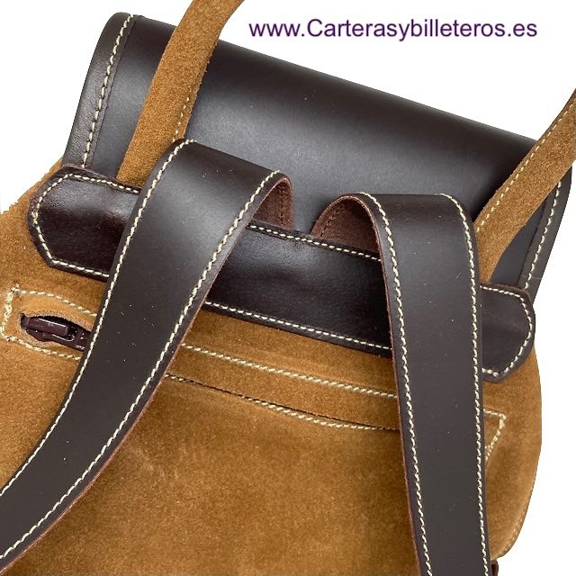 LIGHT BROWN SUEDE LEATHER BACKPACK WITH DARK BROWN LEATHER ON THE CLOSURES AND HANDLES 