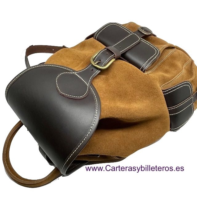 LIGHT BROWN SUEDE LEATHER BACKPACK WITH DARK BROWN LEATHER ON THE CLOSURES AND HANDLES 