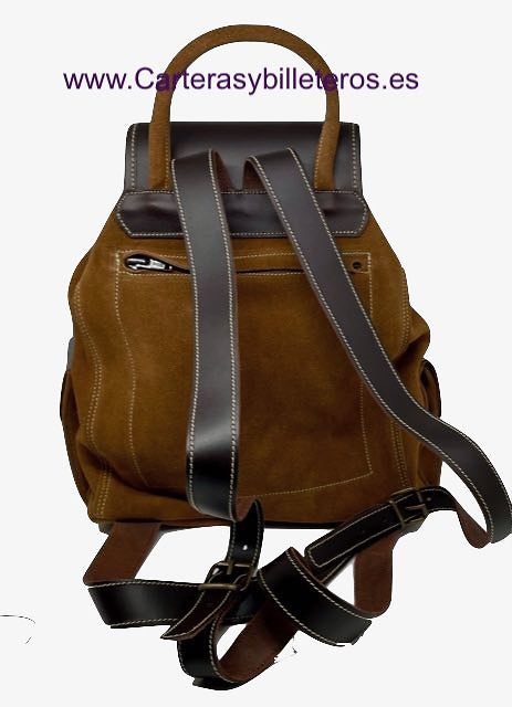 LIGHT BROWN SUEDE LEATHER BACKPACK WITH DARK BROWN LEATHER ON THE CLOSURES AND HANDLES 