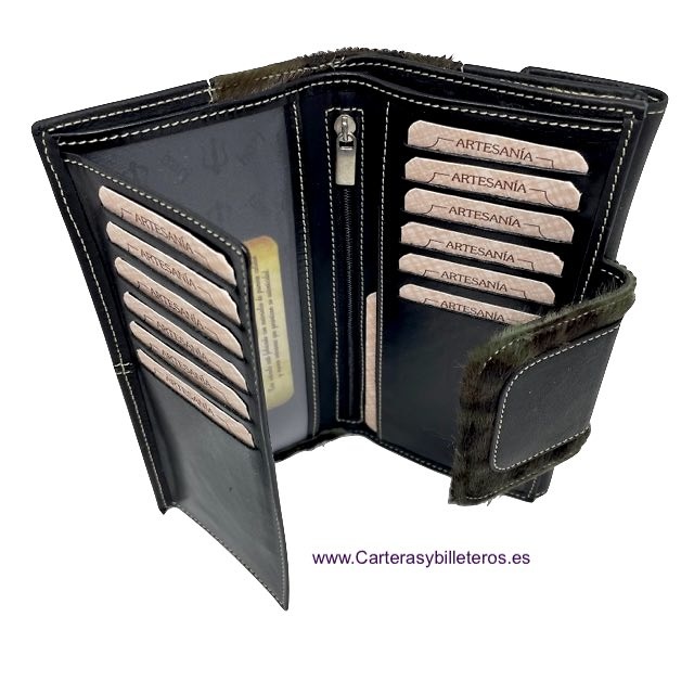 LONG BLACK LEATHER WOMAN WALLET WITH HAIR SKIN WITH PURSE 