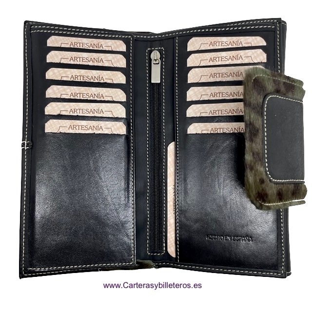 LONG BLACK LEATHER WOMAN WALLET WITH HAIR SKIN WITH PURSE 