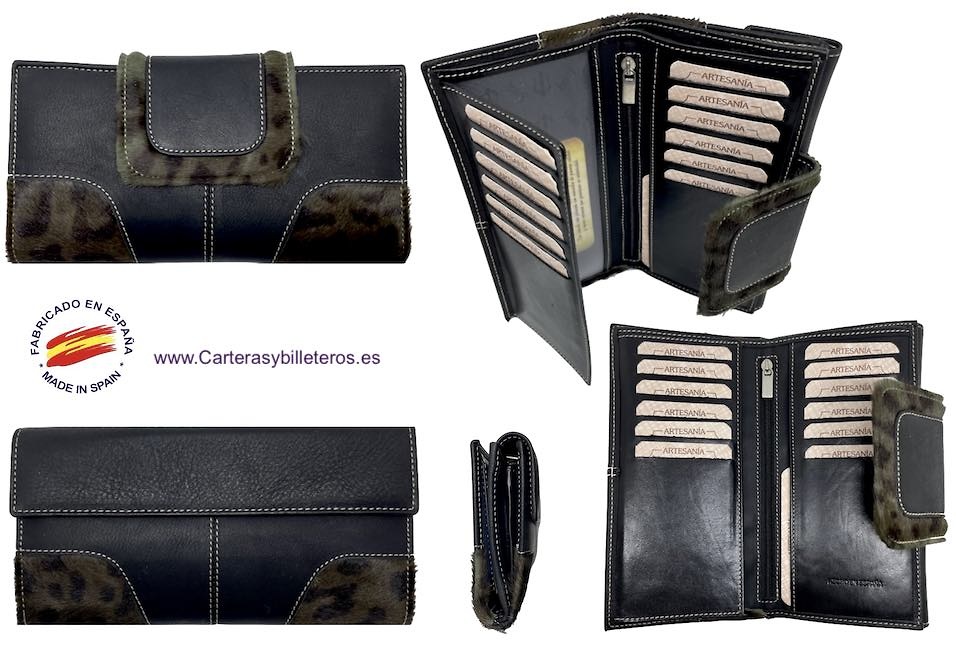 LONG BLACK LEATHER WOMAN WALLET WITH HAIR SKIN WITH PURSE 