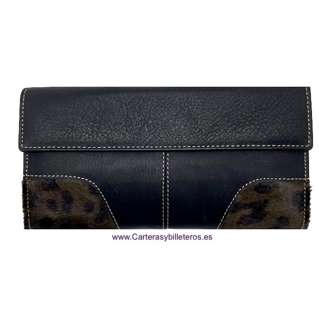 LONG BLACK LEATHER WOMAN WALLET WITH HAIR SKIN WITH PURSE 