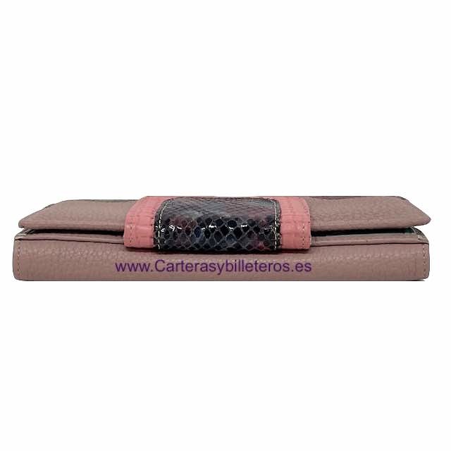 LONG WOMEN'S SNAKE AND MAUVE COW LEATHER WALLET 