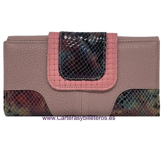 LONG WOMEN'S SNAKE AND MAUVE COW LEATHER WALLET 