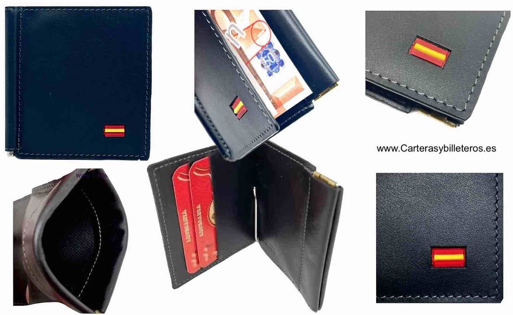 LUXURY LEATHER WALLET WITH MONEY CLIP AND COIN PURSE WITH SPANISH FLAG 