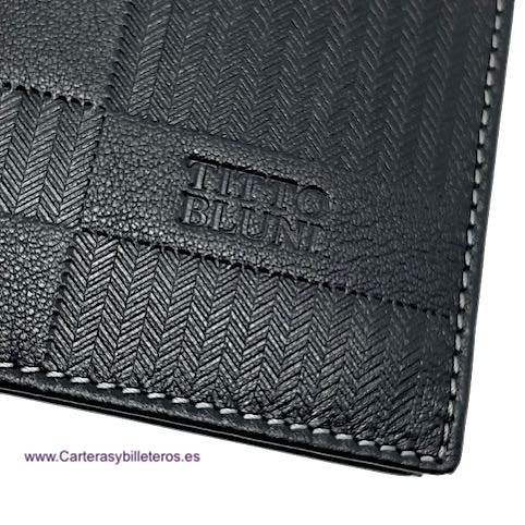 MAN WALLET BRAND BLUNI TITTO MAKE IN LUXURY LEATHER 16 CREDIT CARDS HERRINGBONE ENGRAVED 