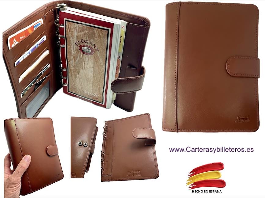 MEDIUM SIZED LEATHER-BOUND HANDHELD PLANNER WITH SPARE RINGS AND CARD HOLDER 