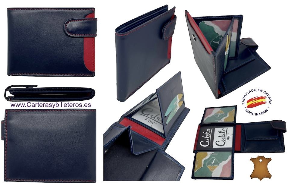 MEN'S LEATHER WALLET WITH COIN PURSE AND EASY-ACCESS OUTSIDE POCKET, BLUE RED 