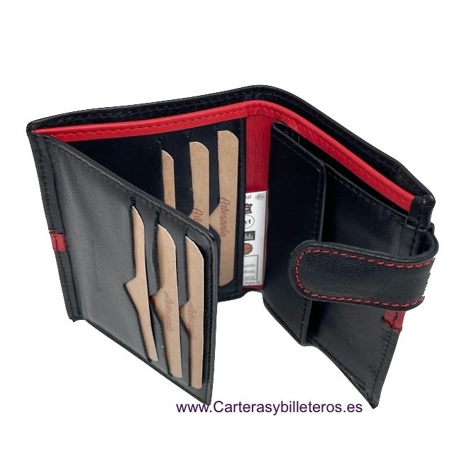 MEN'S LEATHER WALLET WITH EXTERNAL ZIP AND RED EMBROIDERY 