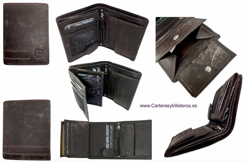 MEN'S PURSE WALLET IN WORN LEATHER FOR 10 CARDS 