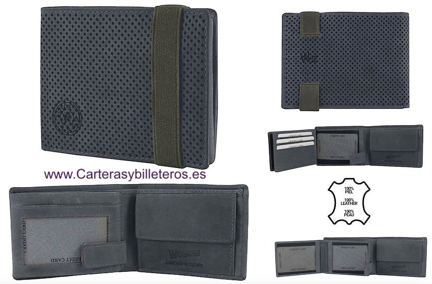 MEN'S WALLET WALLET WITH ELASTIC CLOSURE AND ANTI-SLIP MULTI PERFORATED LEATHER 